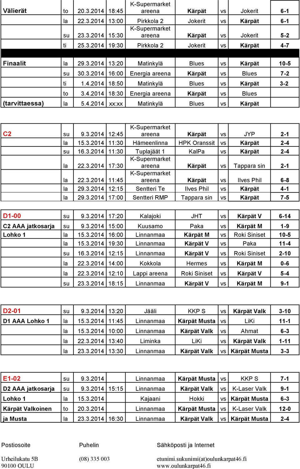 3.2014 11:30 Hämeenlinna HPK Oranssit vs 2-4 su 16.3.2014 11:30 Tuplajäät 1 KalPa vs 2-4 la 22.3.2014 17:30 areena vs Tappara sin 2-1 la 22.3.2014 11:45 areena vs Ilves Phil 6-8 la 29.3.2014 12:15 Sentteri Te Ilves Phil vs 4-1 la 29.