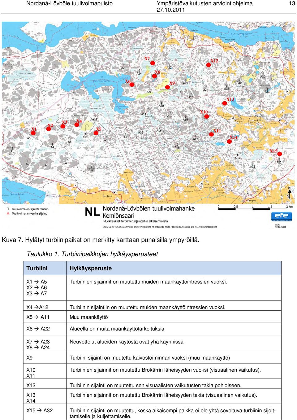 Turbiinipaikkojen hylkäysperusteet Turbiini X1 A5 X2 A6 X3 A7 X4 A12 X5 A11 X6 A22 X7 A23 X8 A24 X9 X10 X11 X12 X13 X14 X15 A32 Hylkäysperuste Turbiinien sijainnit on muutettu muiden