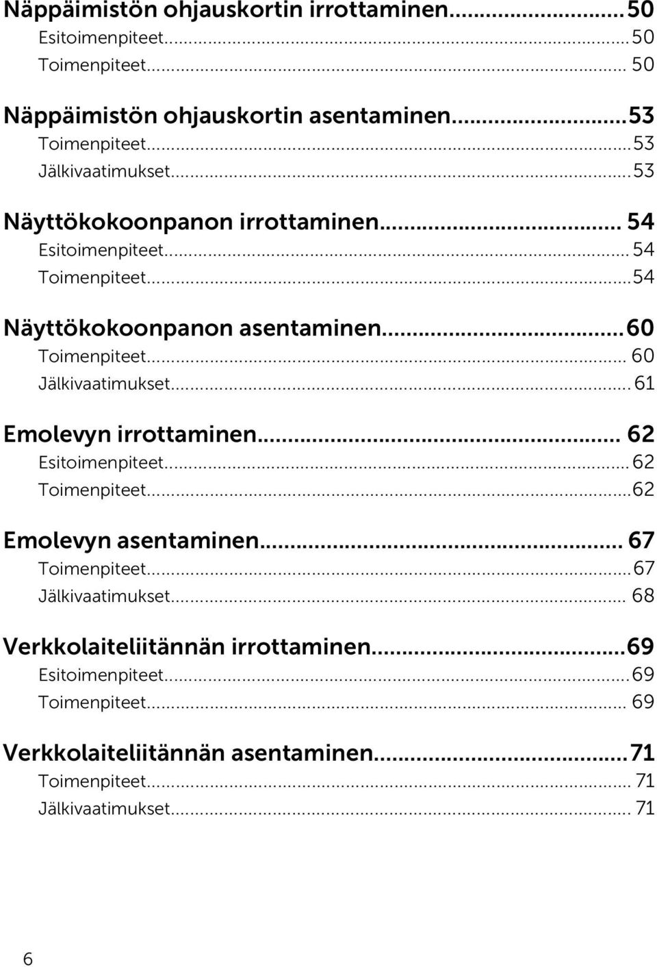 .. 60 Jälkivaatimukset... 61 Emolevyn irrottaminen... 62 Esitoimenpiteet...62 Toimenpiteet...62 Emolevyn asentaminen... 67 Toimenpiteet.