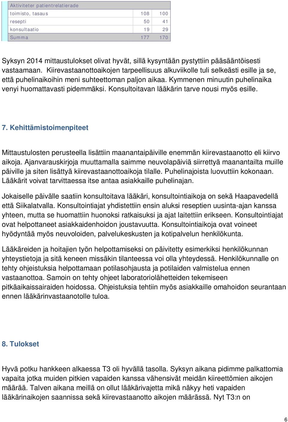 Konsultoitavan lääkärin tarve nousi myös esille. 7. Kehittämistoimenpiteet Mittaustulosten perusteella lisättiin maanantaipäiville enemmän kiirevastaanotto eli kiirvo aikoja.