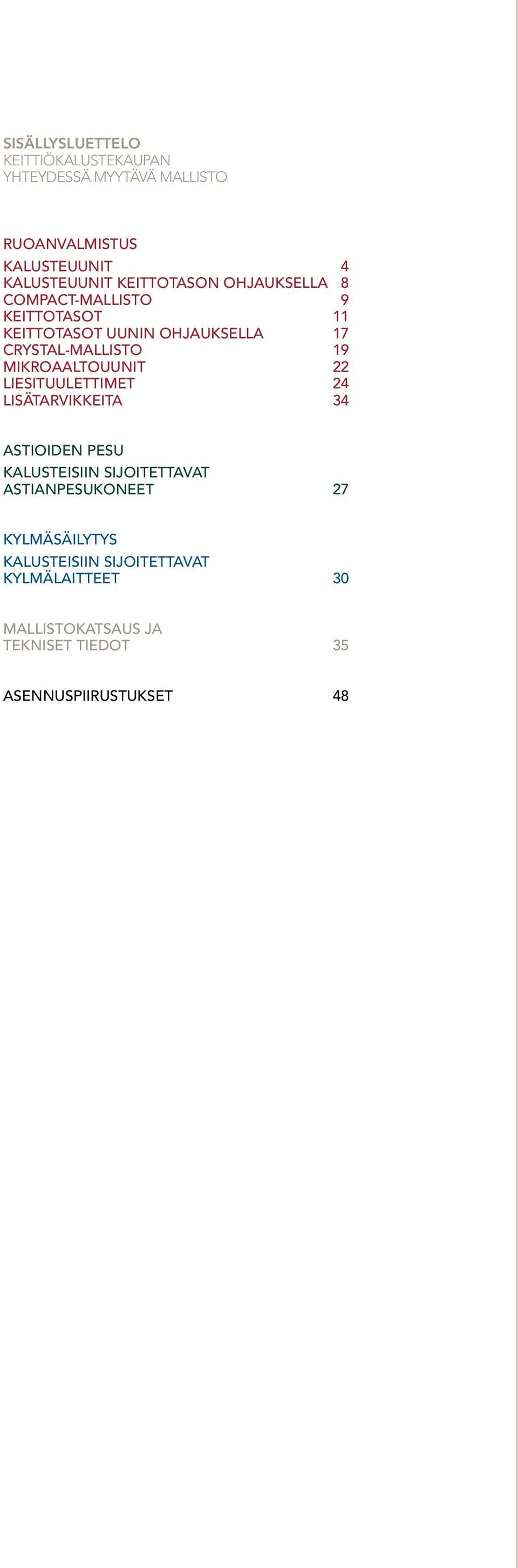 MIKROAALTOUUNIT 22 LIESITUULETTIMET 24 LISÄTARVIKKEITA 34 ASTIOIDEN PESU KALUSTEISIIN SIJOITETTAVAT