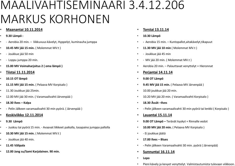 30 Ilves Kalpa - Pelin Jälkeen varamaalivahti 30 min pyörä. ( Järvenpää ) Keskiviikko 12.11.2014 9.30 Lämpö - Juoksu tai pyörä 15 min. - Avaavat liikkeet paikalla, tasapaino jumppa pallolla 10.