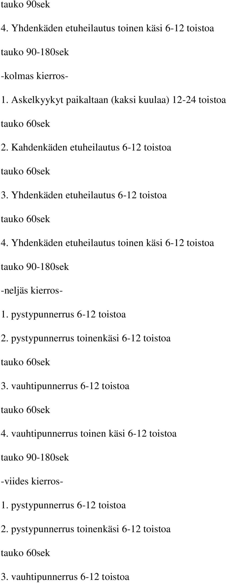 Yhdenkäden etuheilautus toinen käsi 6-12 toistoa -neljäs kierros- 1. pystypunnerrus 6-12 toistoa 2.