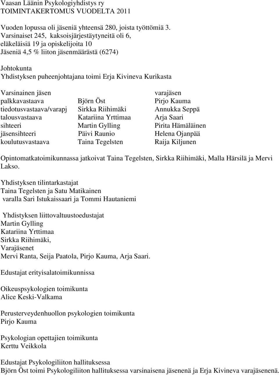 Varsinainen jäsen varajäsen palkkavastaava Björn Öst Pirjo Kauma tiedotusvastaava/varapj Sirkka Riihimäki Annukka Seppä talousvastaava Katariina Yrttimaa Arja Saari sihteeri Martin Gylling Pirita