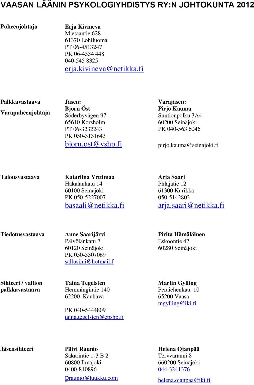 fi Varajäsen: Pirjo Kauma Suntionpolku 3A4 60200 Seinäjoki PK 040-563 6046 pirjo.kauma@seinajoki.fi Talousvastaava Katariina Yrttimaa Hakalankatu 14 60100 Seinäjoki PK 050-5227007 basaali@netikka.
