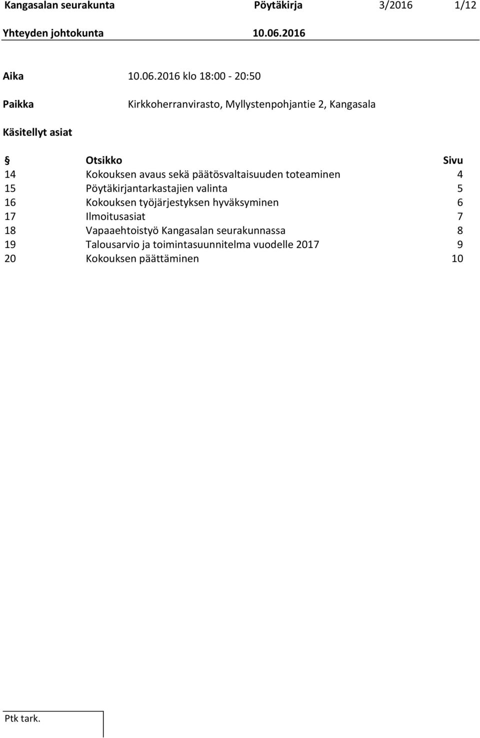 2016 klo 18:00-20:50 Paikka Kirkkoherranvirasto, Myllystenpohjantie 2, Kangasala Käsitellyt asiat Otsikko Sivu 14