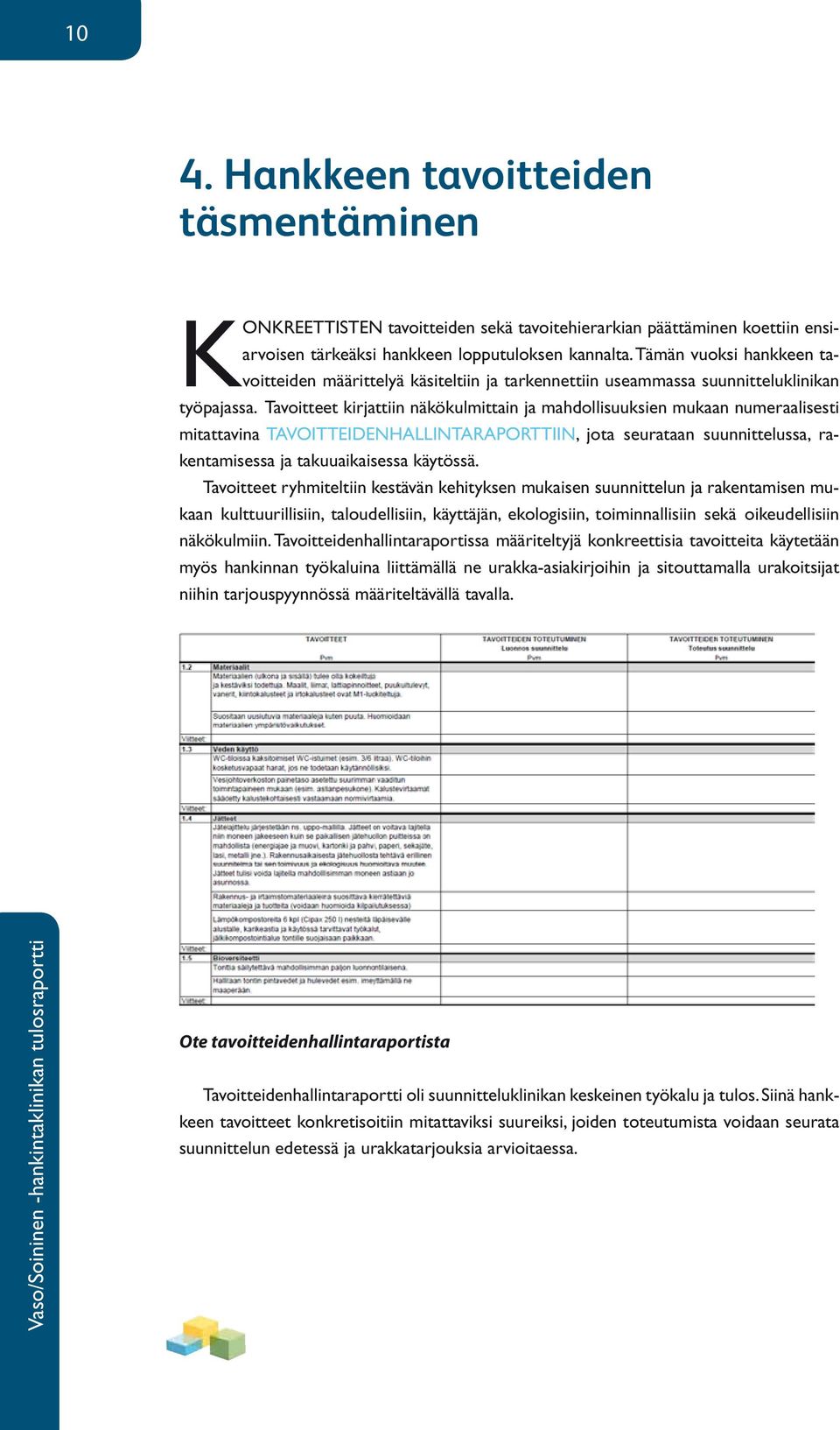 Tavoitteet kirjattiin näkökulmittain ja mahdollisuuksien mukaan numeraalisesti mitattavina tavoitteidenhallintaraporttiin, jota seurataan suunnittelussa, rakentamisessa ja takuuaikaisessa käytössä.