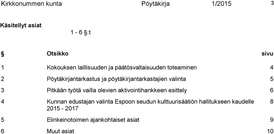 Pitkään työtä vailla olevien aktivointihankkeen esittely 6 4 Kunnan edustajan valinta Espoon seudun