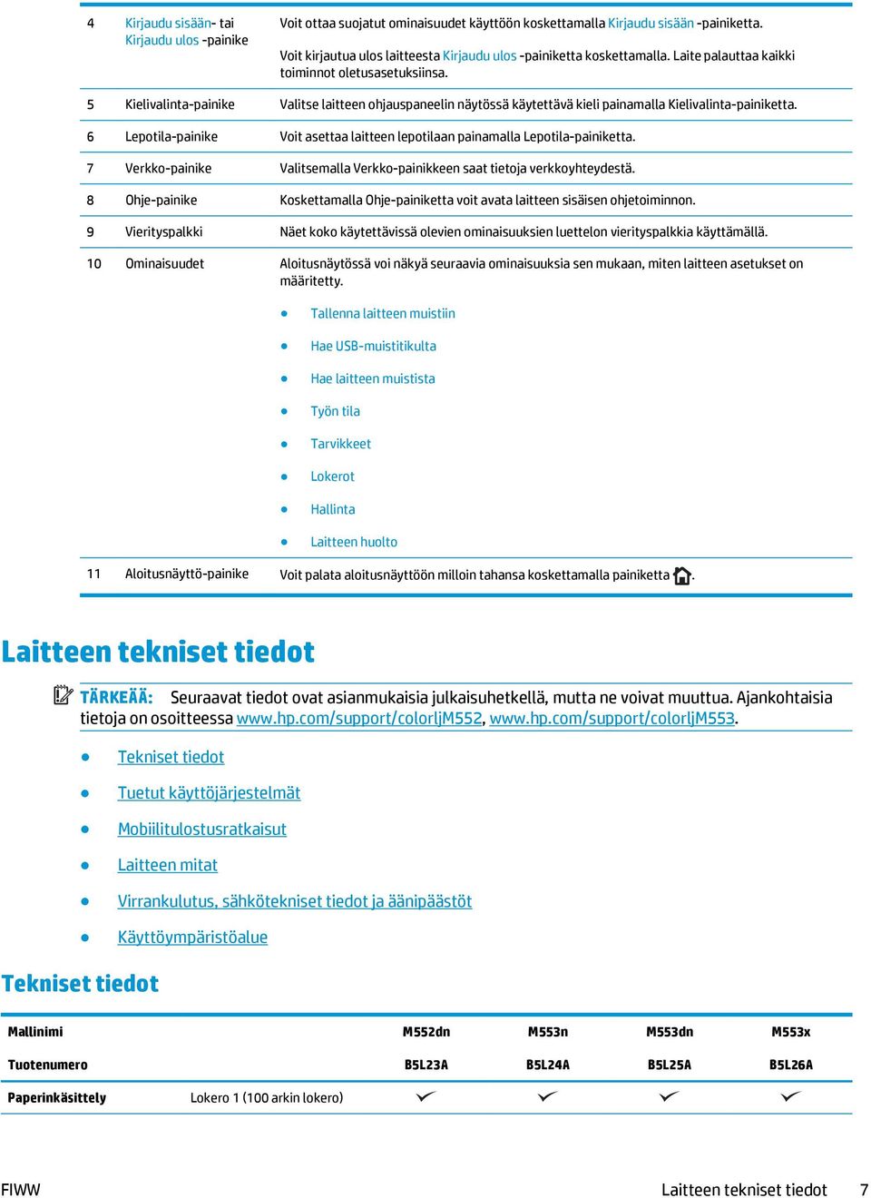 5 Kielivalinta-painike Valitse laitteen ohjauspaneelin näytössä käytettävä kieli painamalla Kielivalinta-painiketta. 6 Lepotila-painike Voit asettaa laitteen lepotilaan painamalla Lepotila-painiketta.