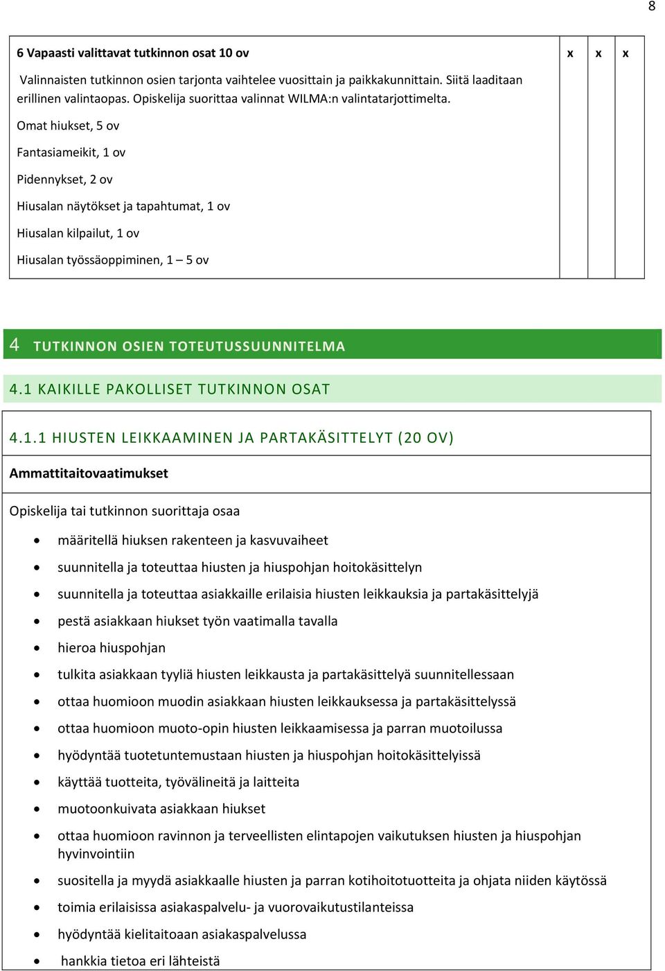 Omat hiukset, 5 v Fantasiameikit, 1 v Pidennykset, 2 v Hiusalan näytökset ja tapahtumat, 1 v Hiusalan kilpailut, 1 v Hiusalan työssäppiminen, 1 5 v 4 TUTKINNON OSIEN TOTEUTUSSUUNNITELMA 4.
