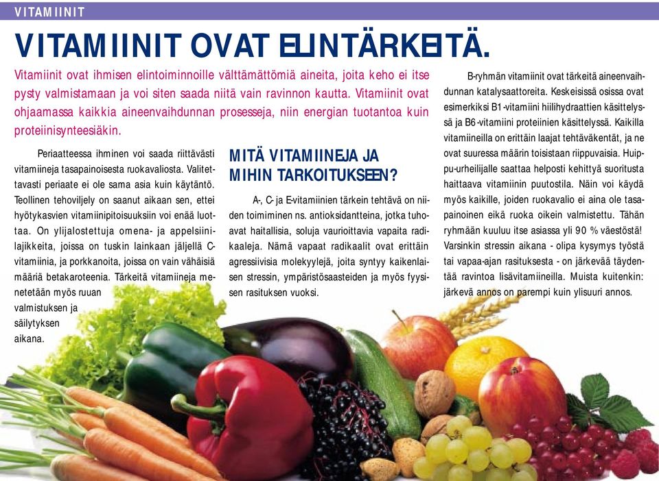 Periaatteessa ihminen voi saada riittävästi vitamiineja tasapainoisesta ruokavaliosta. Valitettavasti periaate ei ole sama asia kuin käytäntö.