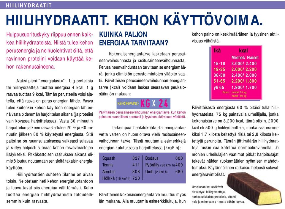 Aluksi pieni energialasku : 1 g proteiinia tai hiilihydraatteja tuottaa energiaa 4 kcal, 1 g rasvaa tuottaa 9 kcal. Tämän perusteella voisi ajatella, että rasva on paras energian lähde.