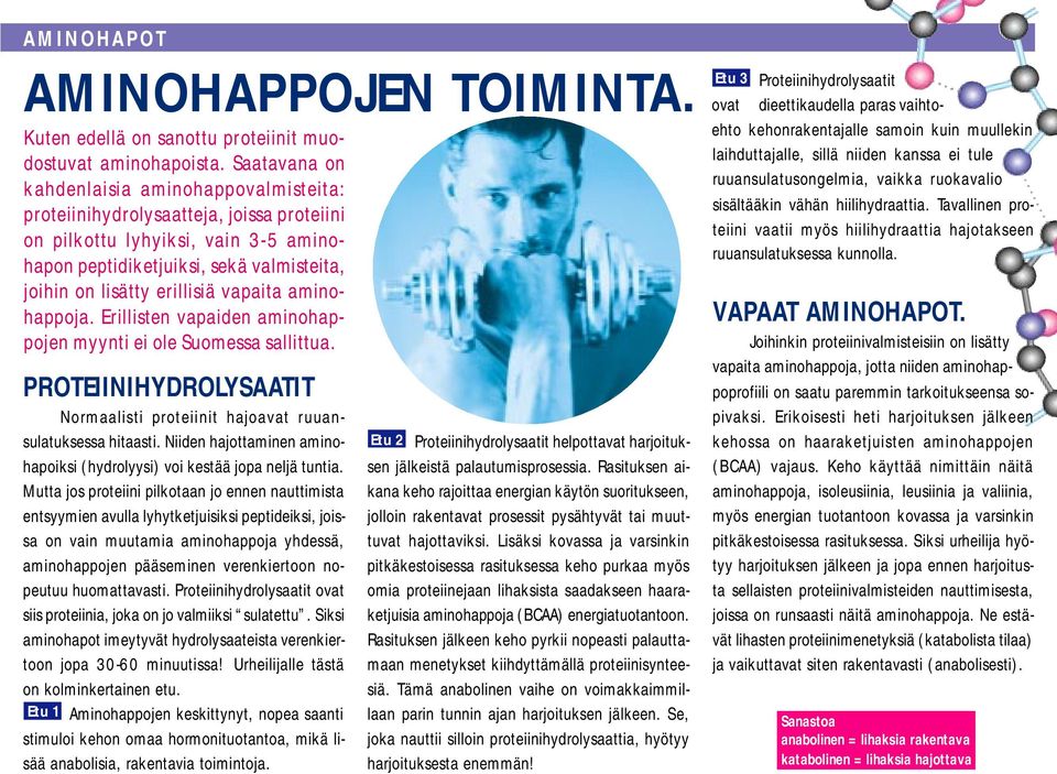 vapaita aminohappoja. Erillisten vapaiden aminohappojen myynti ei ole Suomessa sallittua. PROTEIINIHYDROLYSAATIT Normaalisti proteiinit hajoavat ruuansulatuksessa hitaasti.