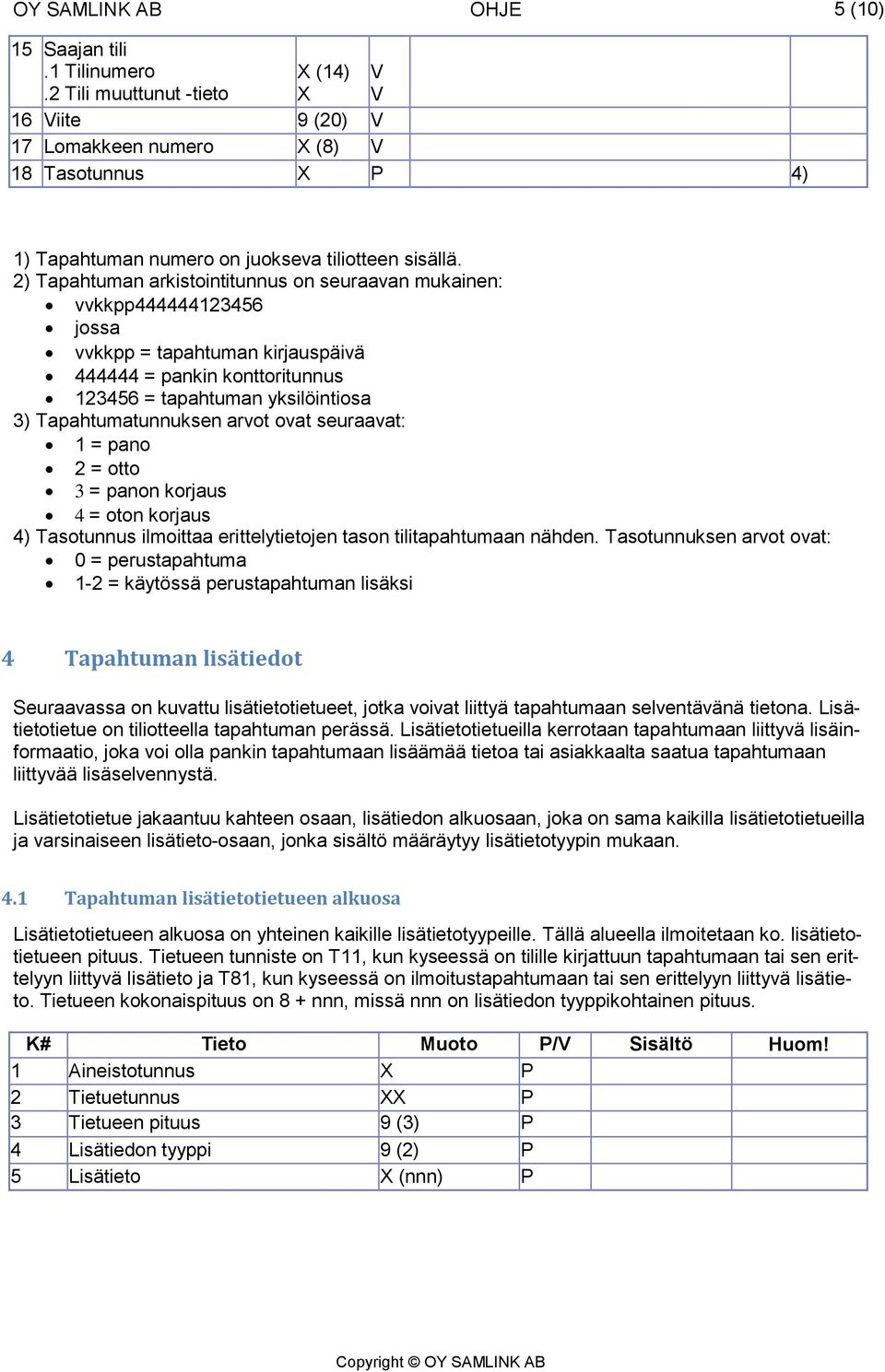 arvot ovat seuraavat: 1 = pano 2 = otto 3 = panon korjaus 4 = oton korjaus 4) Tasotunnus ilmoittaa erittelytietojen tason tilitapahtumaan nähden.