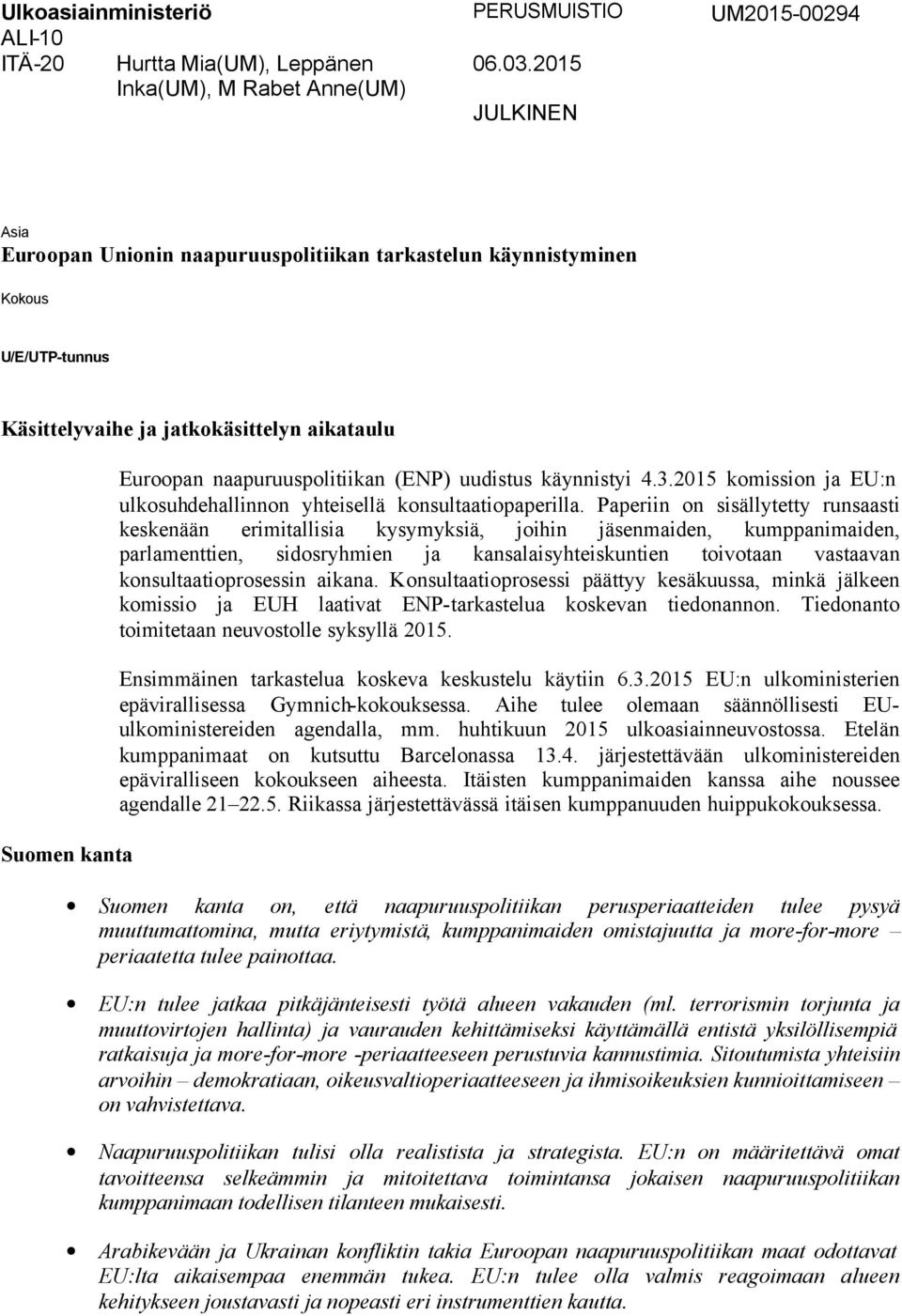 naapuruuspolitiikan (ENP) uudistus käynnistyi 4.3.2015 komission ja EU:n ulkosuhdehallinnon yhteisellä konsultaatiopaperilla.