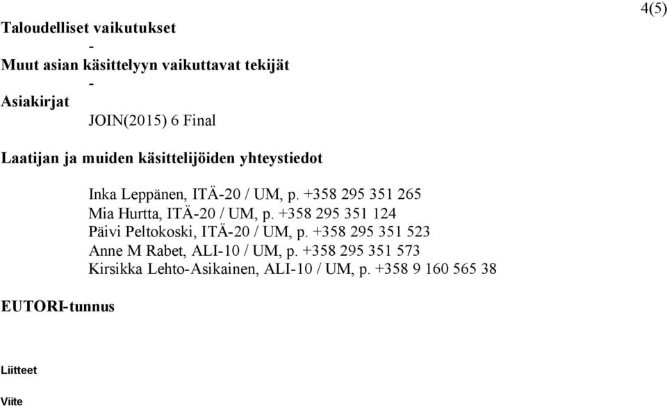 +358 295 351 265 Mia Hurtta, ITÄ20 / UM, p. +358 295 351 124 Päivi Peltokoski, ITÄ20 / UM, p.