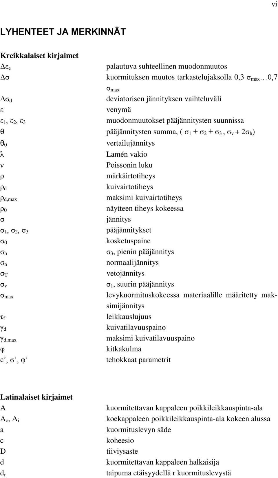 d,max φ c, σ, φ vertailujännitys Lamén vakio Poissonin luku märkäirtotiheys kuivairtotiheys maksimi kuivairtotiheys näytteen tiheys kokeessa jännitys pääjännitykset kosketuspaine σ 3, pienin