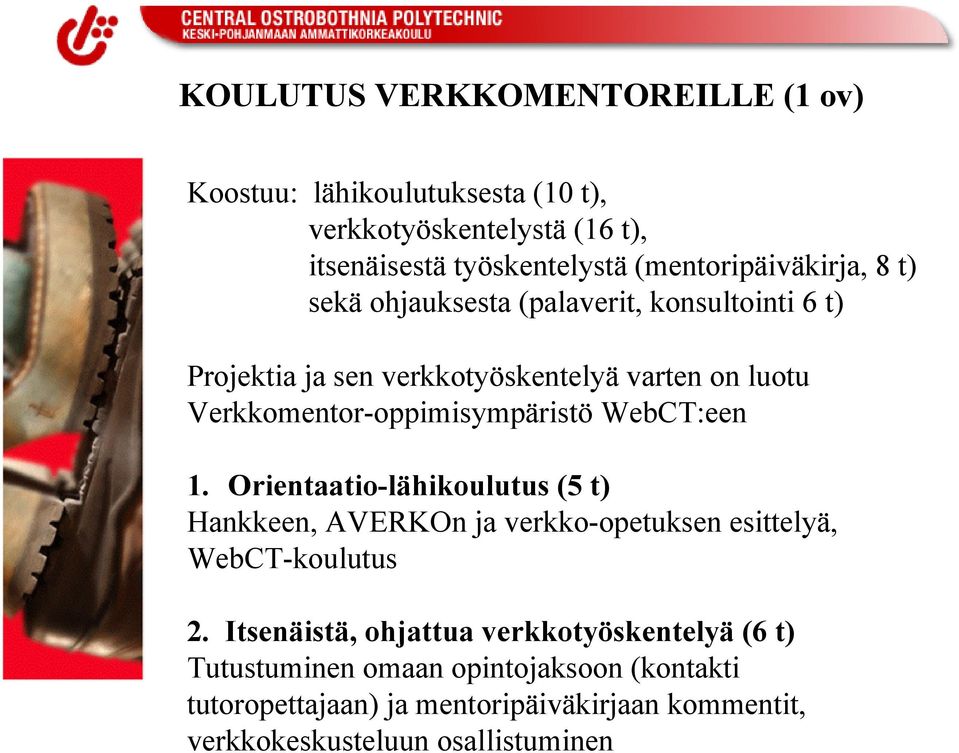 Verkkomentor-oppimisympäristö WebCT:een 1. Orientaatio-lähikoulutus (5 t) Hankkeen, AVERKOn ja verkko-opetuksen esittelyä, WebCT-koulutus 2.