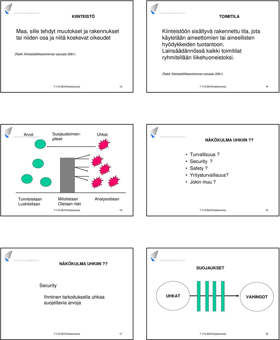 5610/Koskenranta 13 T-110.5610/Koskenranta 14 Arvot Suojaustoimenpiteet Uhkat NÄKÖKULMA UHKIIN?? Turvallisuus? Security? Safety? Yritysturvallisuus? Jokin muu?