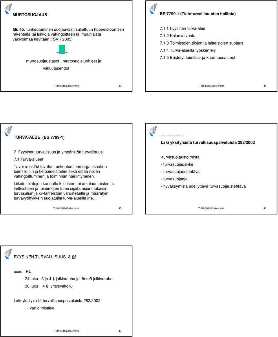5610/Koskenranta 43 T-110.5610/Koskenranta 44 TURVA-ALUE (BS 7799-1) 7 Fyysinen turvallisuus ja ympäristön turvallisuus 7.