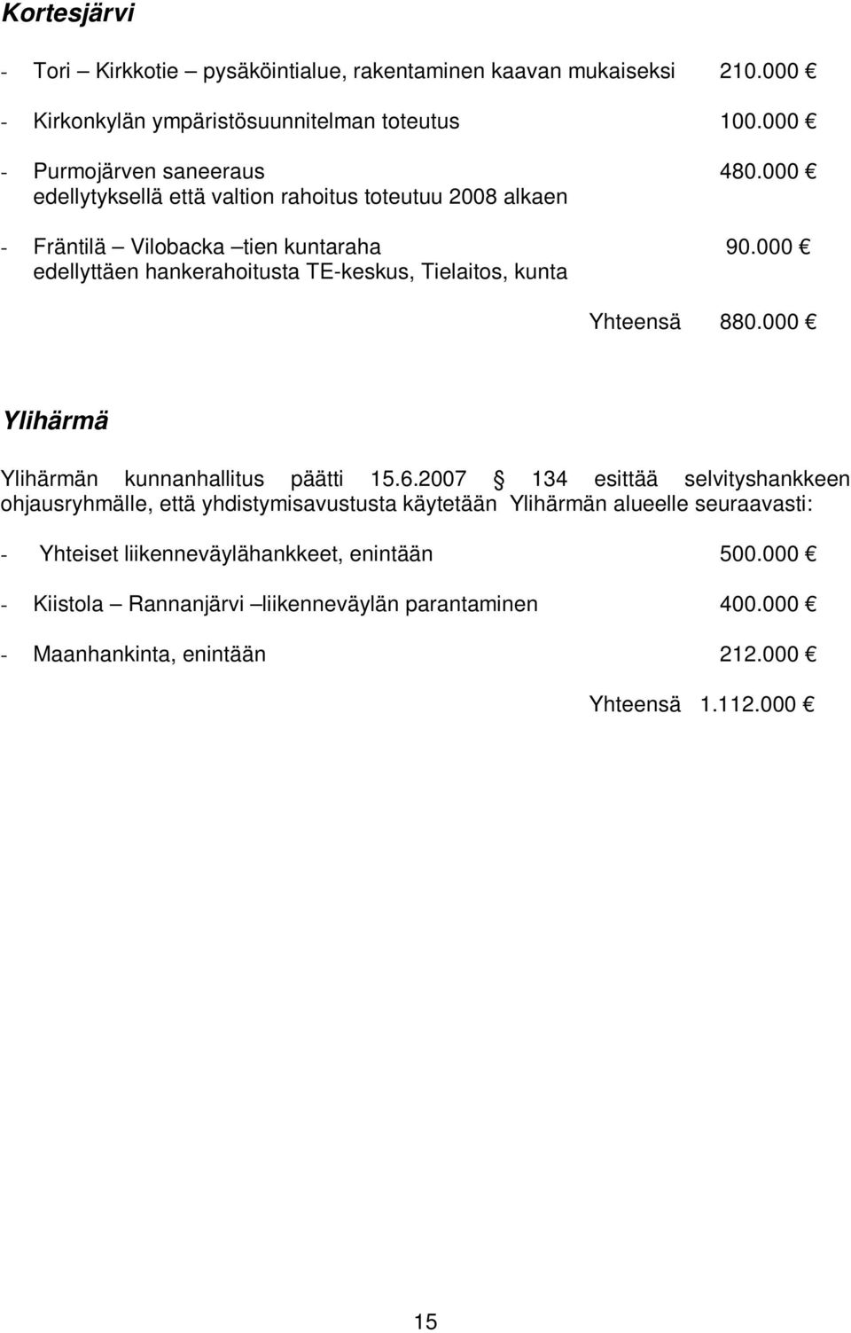 000 edellyttäen hankerahoitusta TE-keskus, Tielaitos, kunta Yhteensä 880.000 Ylihärmä Ylihärmän kunnanhallitus päätti 15.6.