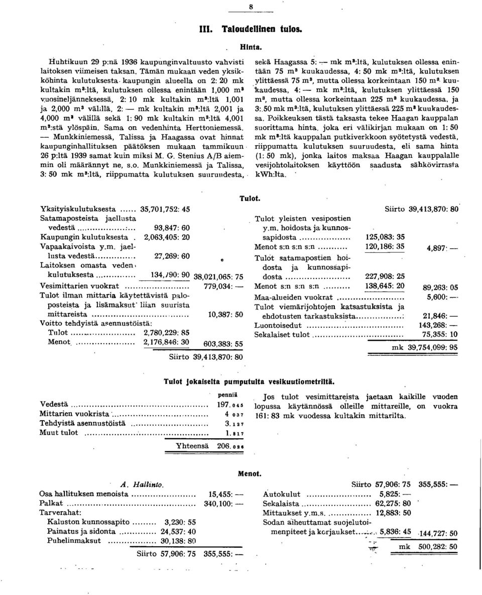 Taloudellinen tulos. Hinta. ja 2,000 m a välllä. 2: - mk kultakin ml:ltä 2,00 ja 4,000 ml välillä sekä : 90 mk kultakin ml:ltä 4,00 ml:stä ylöspäin. Sama on vedenhinta Herttoniemessä.