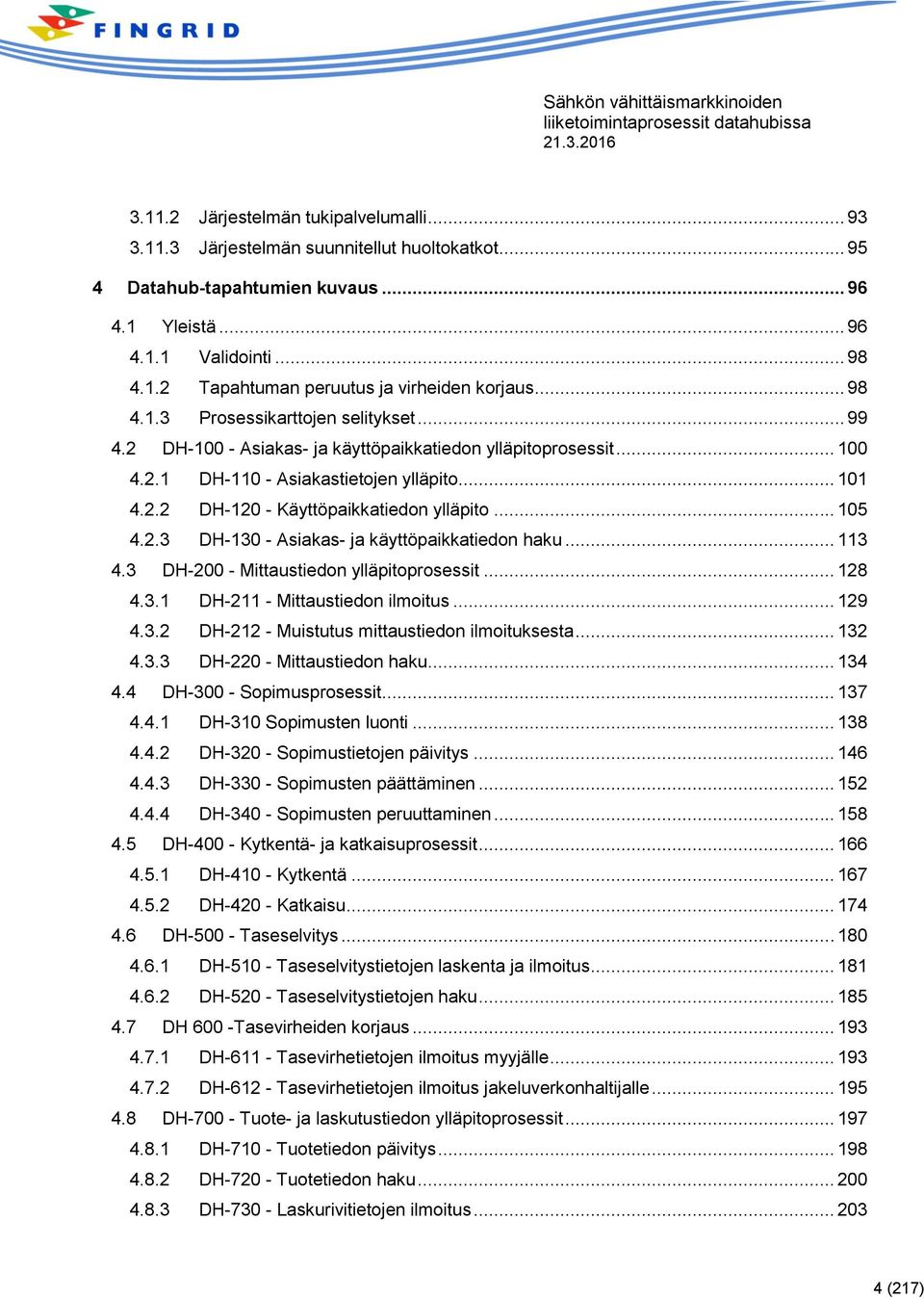 .. 105 4.2.3 DH-130 - Asiakas- ja käyttöpaikkatiedon haku... 113 4.3 DH-200 - Mittaustiedon ylläpitoprosessit... 128 4.3.1 DH-211 - Mittaustiedon ilmoitus... 129 4.3.2 DH-212 - Muistutus mittaustiedon ilmoituksesta.