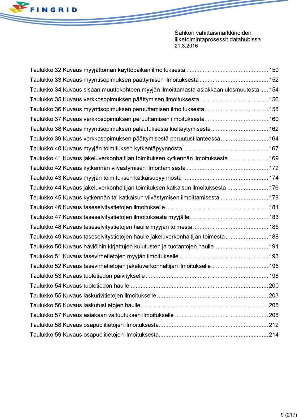 .. 156 Taulukko 36 Kuvaus myyntisopimuksen peruuttamisen ilmoituksesta... 158 Taulukko 37 Kuvaus verkkosopimuksen peruuttamisen ilmoituksesta.