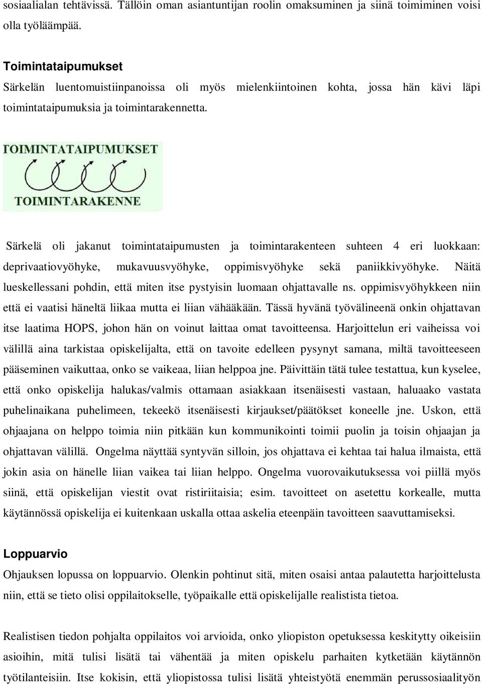 Särkelä oli jakanut toimintataipumusten ja toimintarakenteen suhteen 4 eri luokkaan: deprivaatiovyöhyke, mukavuusvyöhyke, oppimisvyöhyke sekä paniikkivyöhyke.