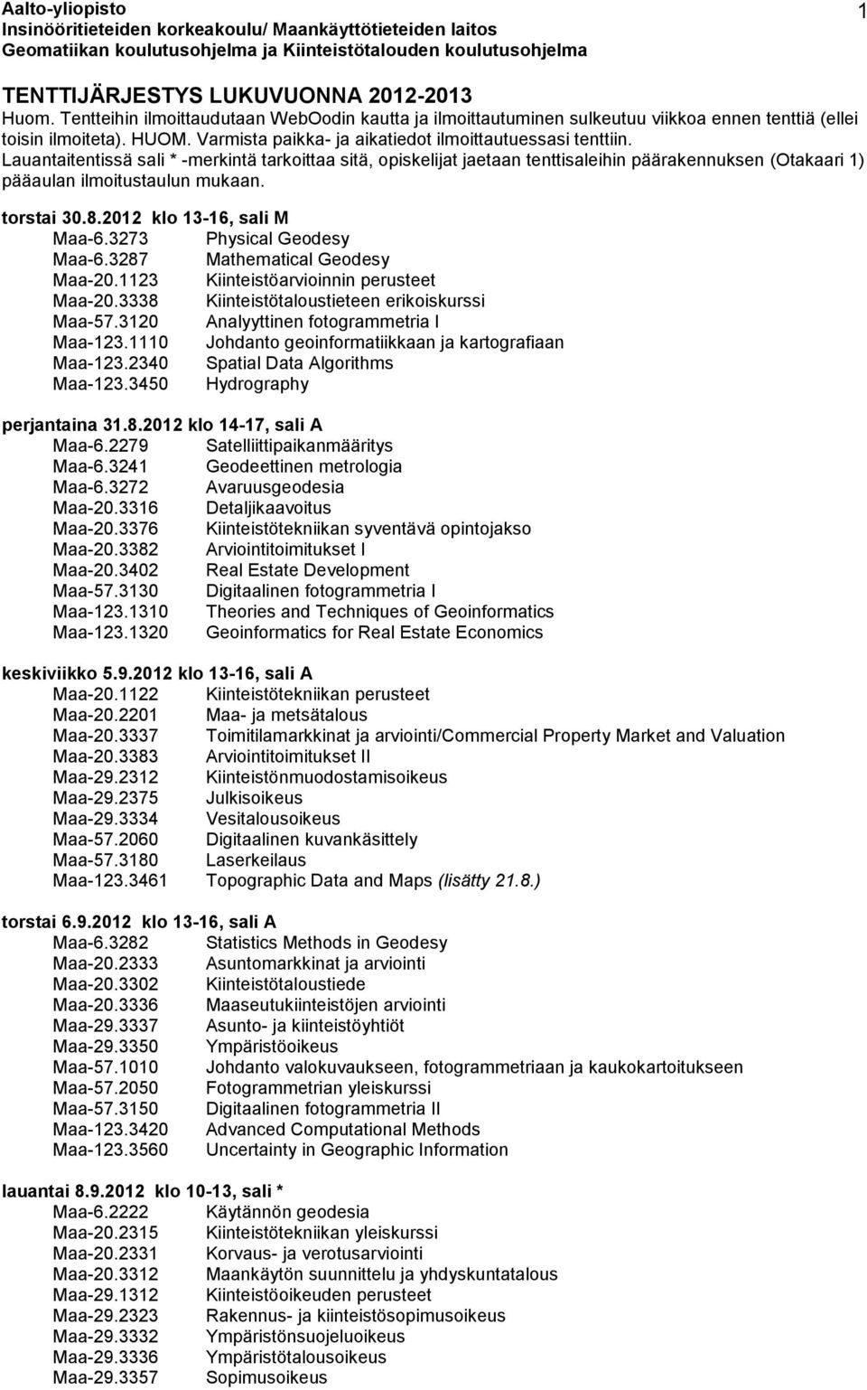 3241 Geodeettinen metrologia Maa-6.3272 Avaruusgeodesia Maa-20.3316 Detaljikaavoitus Maa-20.3376 Kiinteistötekniikan syventävä opintojakso Maa-20.3382 Arviointitoimitukset I Maa-20.