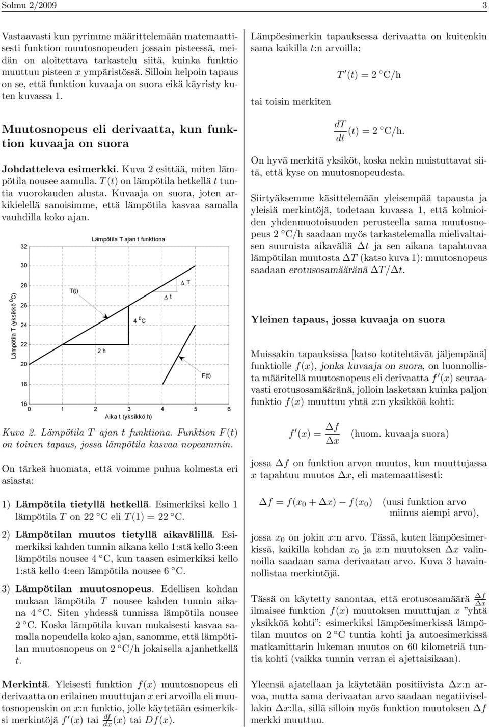 Kuva 2 esittää, miten lämpötila nousee aamulla. T(t) on lämpötila hetkellä t tuntia vuorokauden alusta.