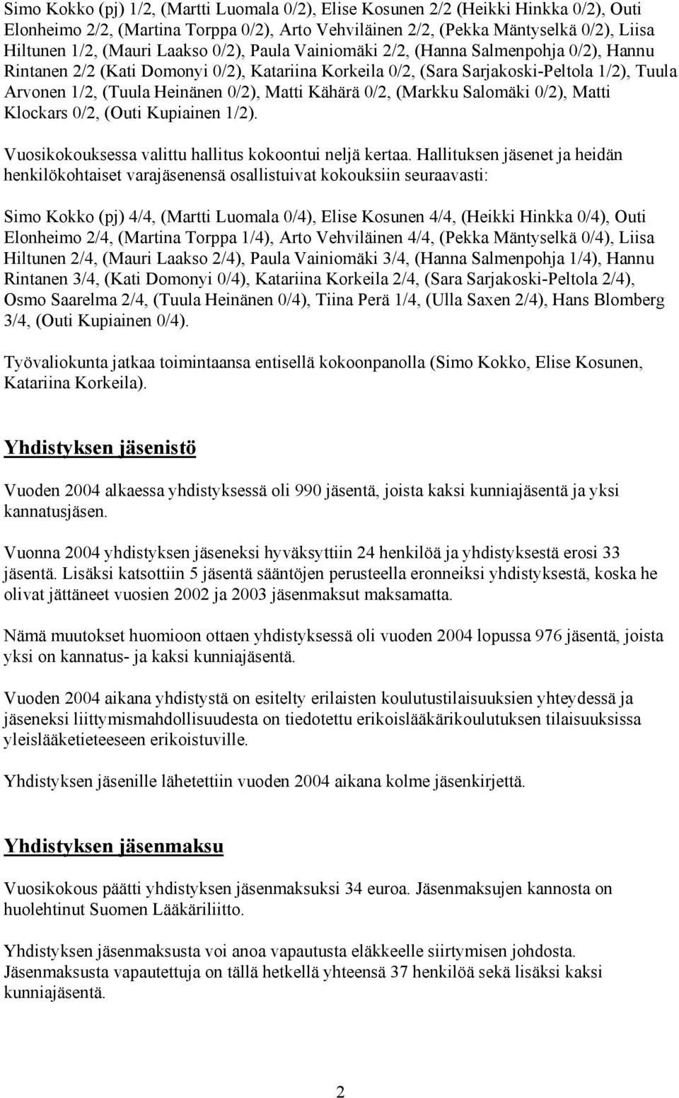 Matti Kähärä 0/2, (Markku Salomäki 0/2), Matti Klockars 0/2, (Outi Kupiainen 1/2). Vuosikokouksessa valittu hallitus kokoontui neljä kertaa.
