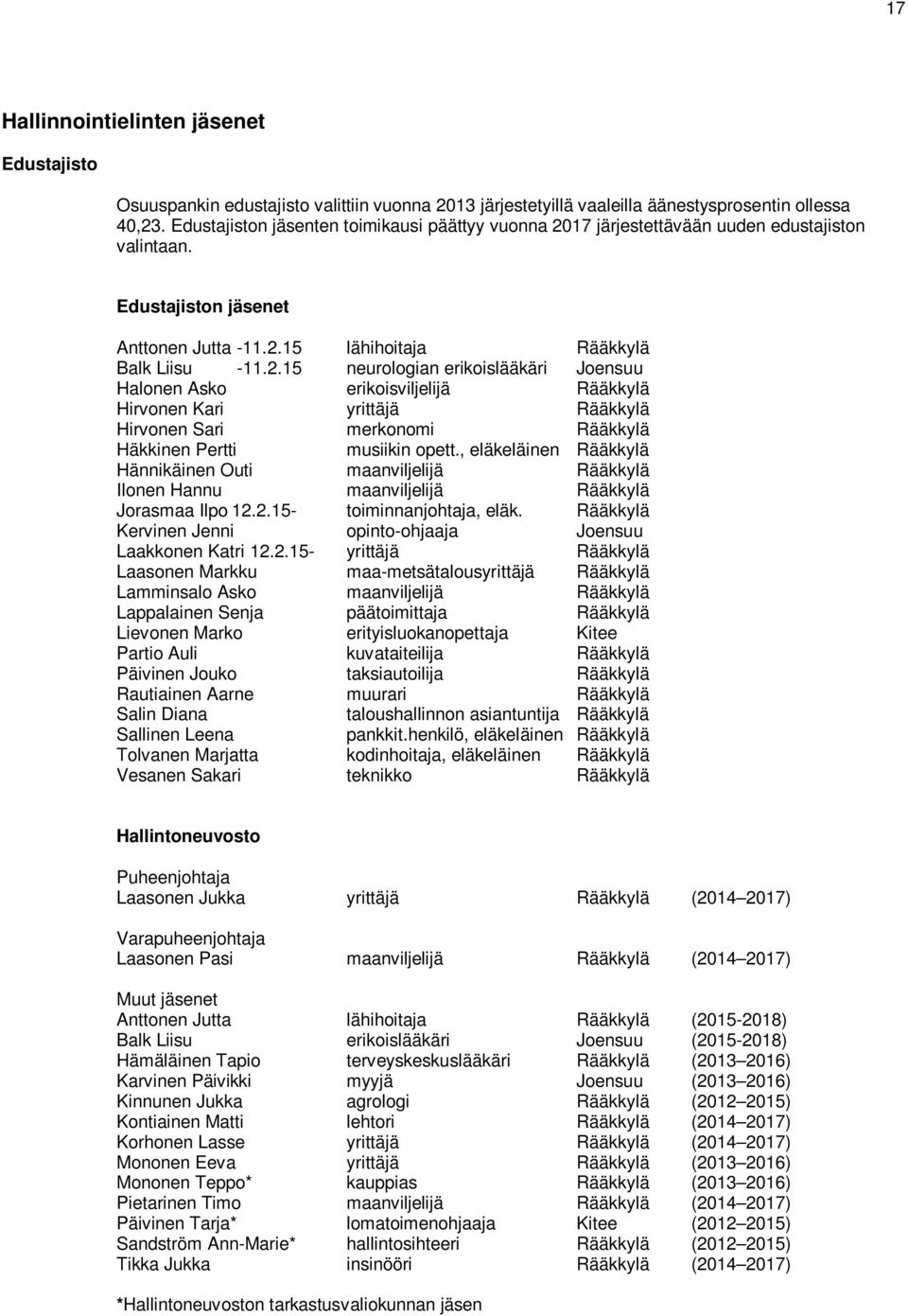 17 järjestettävään uuden edustajiston valintaan. Edustajiston jäsenet Anttonen Jutta -11.2.