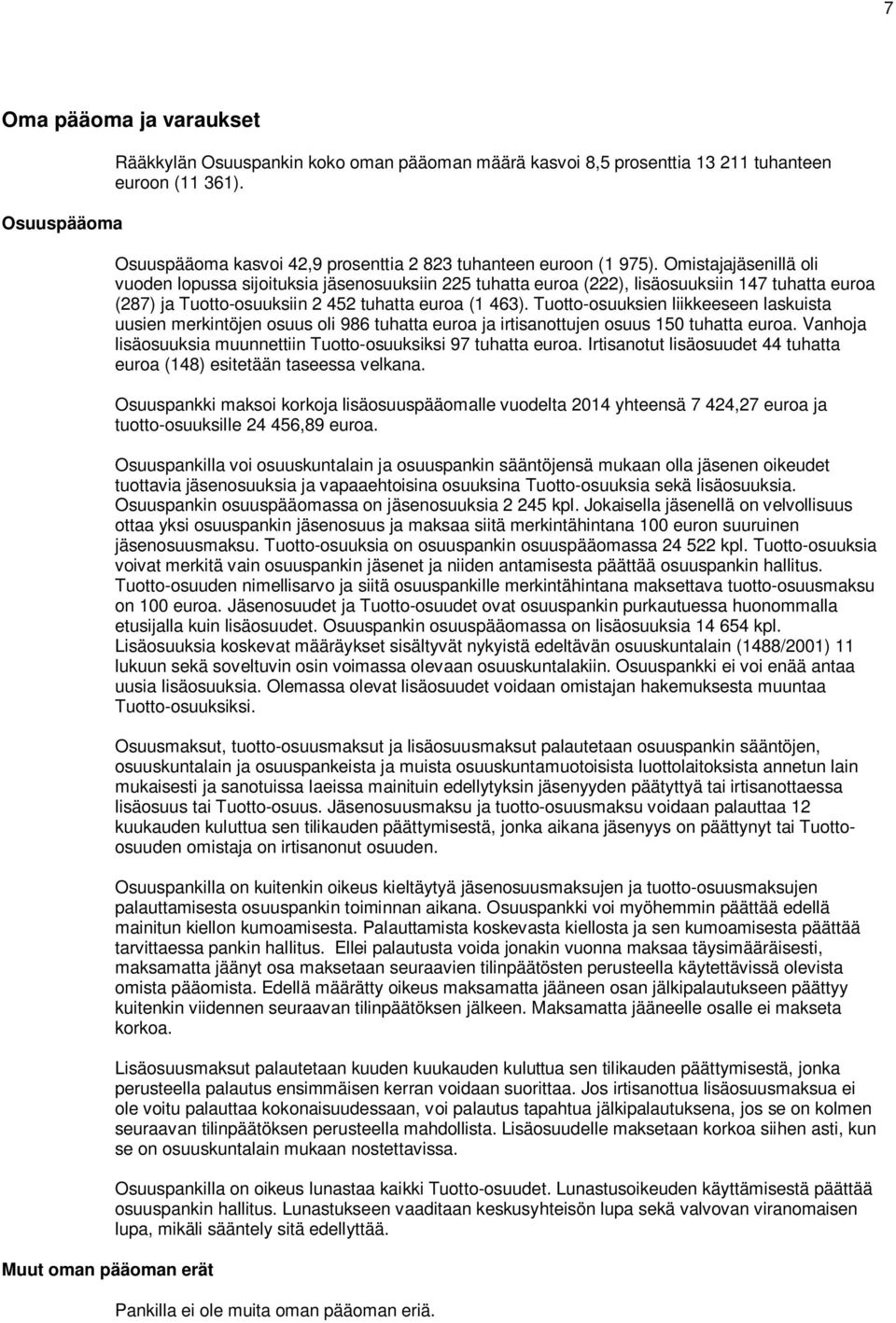 Omistajajäsenillä oli vuoden lopussa sijoituksia jäsenosuuksiin 225 tuhatta euroa (222), lisäosuuksiin 147 tuhatta euroa (287) ja Tuotto-osuuksiin 2 452 tuhatta euroa (1 463).