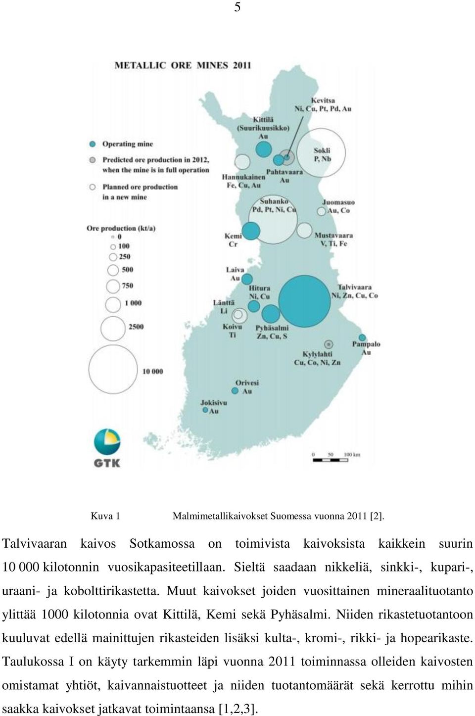 Muut kaivokset joiden vuosittainen mineraalituotanto ylittää kilotonnia ovat Kittilä, Kemi sekä Pyhäsalmi.