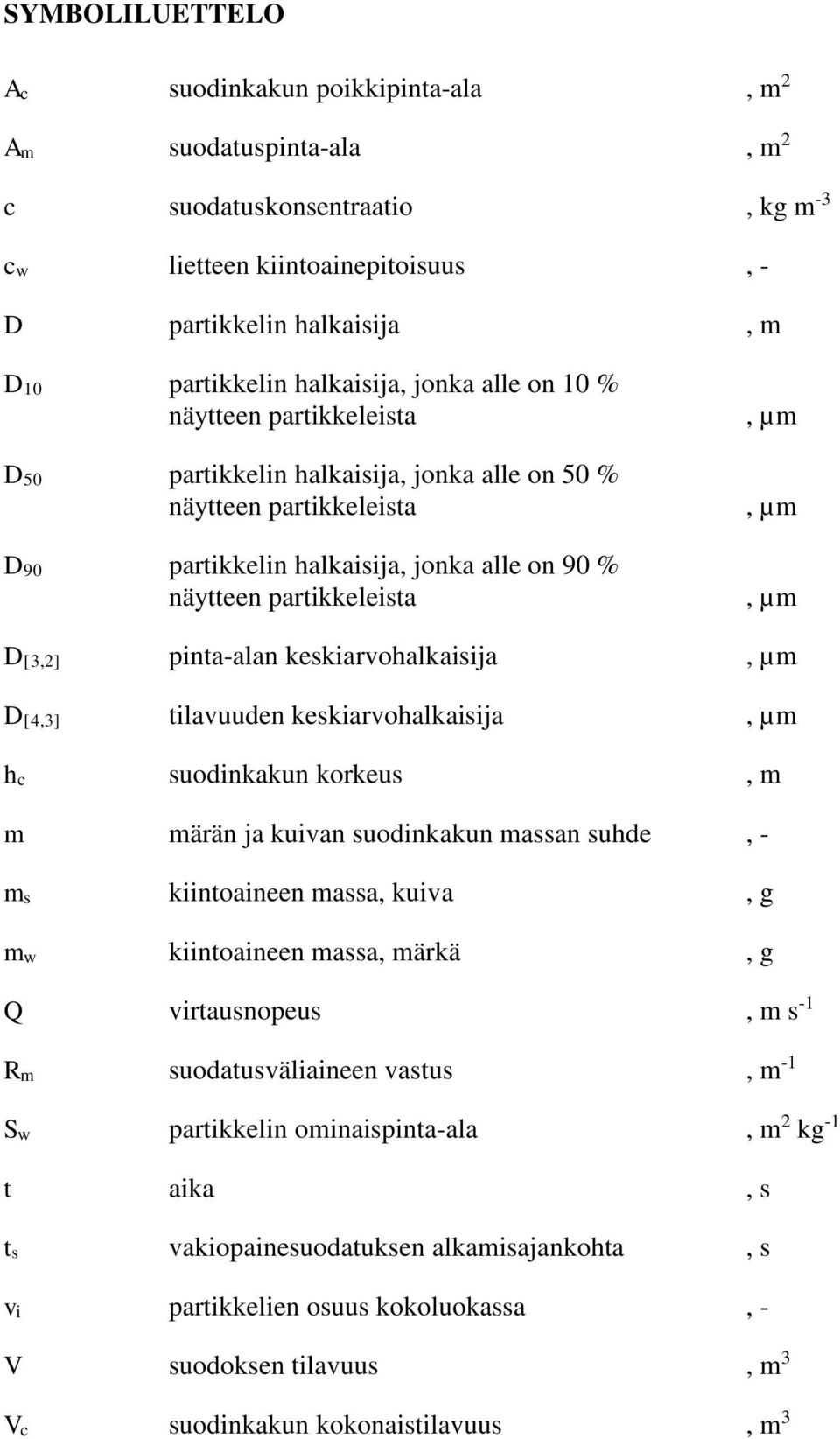 pinta-alan keskiarvohalkaisija, µm D[4,3] tilavuuden keskiarvohalkaisija, µm hc suodinkakun korkeus, m m märän ja kuivan suodinkakun massan suhde, - ms kiintoaineen massa, kuiva, g mw kiintoaineen