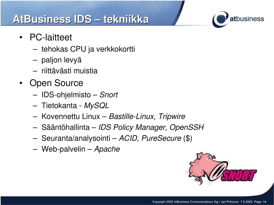 Tripwire Sääntöhallinta IDS Policy Manager, OpenSSH Seuranta/analysointi ACID, PureSecure