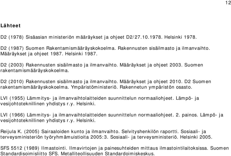Määräykset ja ohjeet 2003. Suomen rakentamismääräyskokoelma. D2 (2010) Rakennusten sisäilmasto ja ilmanvaihto. Määräykset ja ohjeet 2010. D2 Suomen rakentamismääräyskokoelma. Ympäristöministeriö.