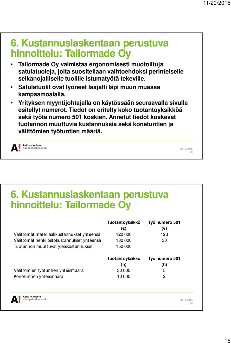 Tiedot on eritelty koko tuotantoyksikköä sekä työtä numero 501 koskien. Annetut tiedot koskevat tuotannon muuttuvia kustannuksia sekä konetuntien ja välittömien työtuntien määriä. 29 6.