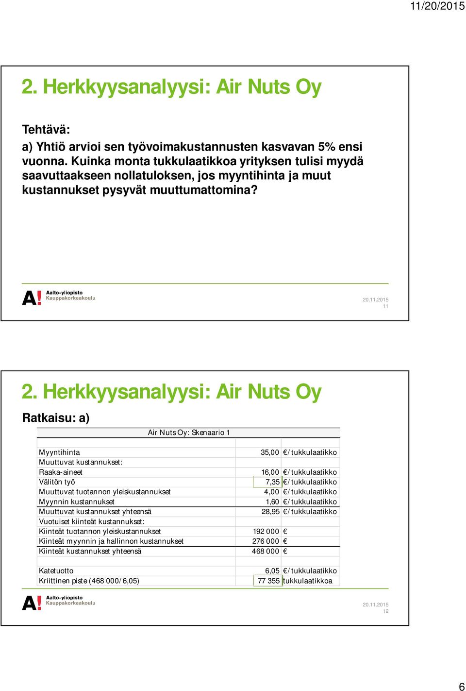 Herkkyysanalyysi: Air Nuts Oy Ratkaisu: a) Air Nuts Oy: Skenaario 1 Myyntihinta 35,00 /tukkulaatikko Muuttuvat kustannukset: Raaka-aineet 16,00 /tukkulaatikko Välitön työ 7,35 /tukkulaatikko