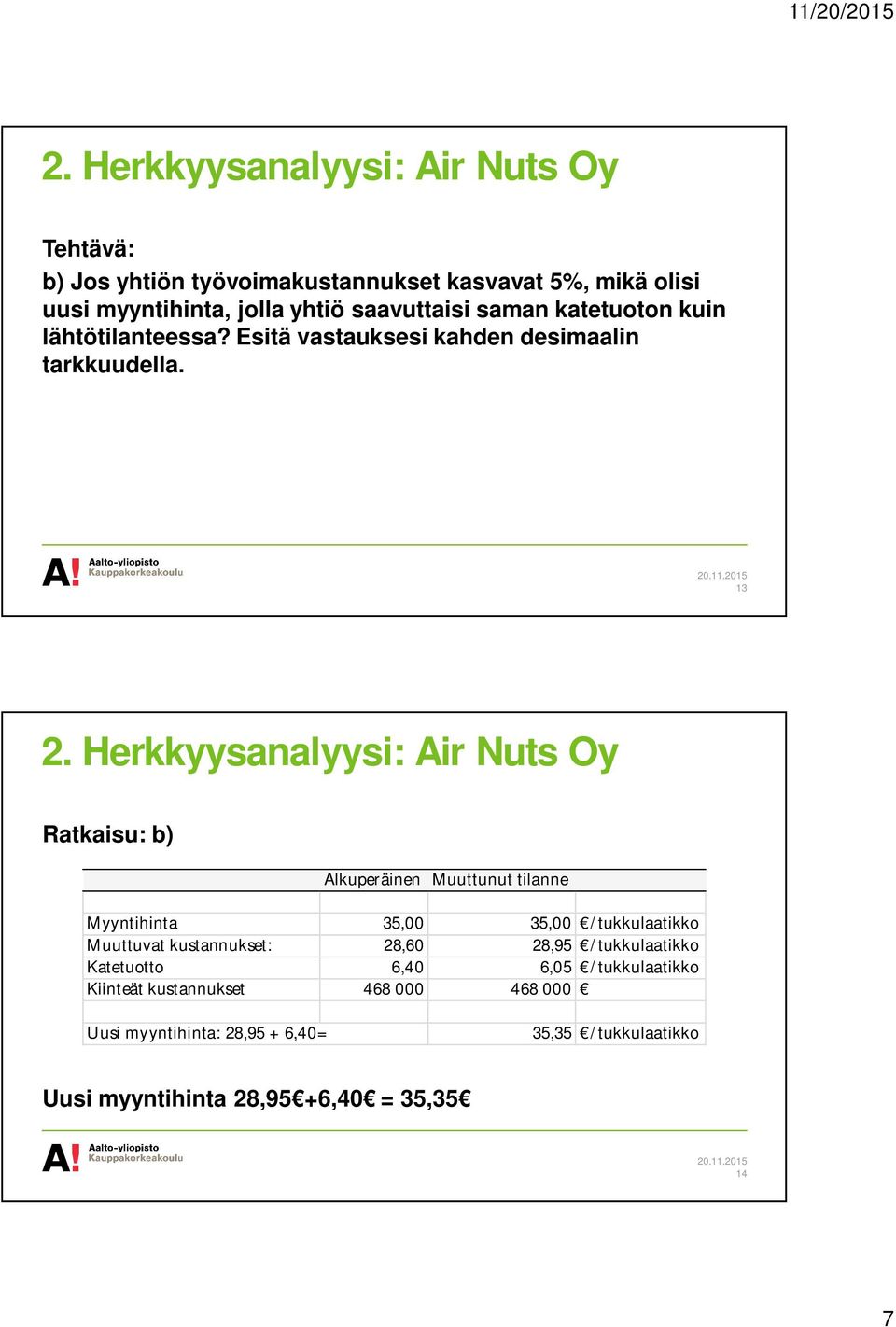 Herkkyysanalyysi: Air Nuts Oy Ratkaisu: b) Alkuperäinen Muuttunut tilanne Myyntihinta 35,00 35,00 /tukkulaatikko Muuttuvat kustannukset: 28,60
