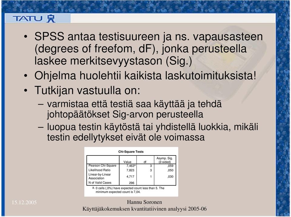 Tutkijan vastuulla on: varmistaa että testiä saa käyttää ja tehdä johtopäätökset Sig-arvon perusteella luopua testin käytöstä tai yhdistellä luokkia,