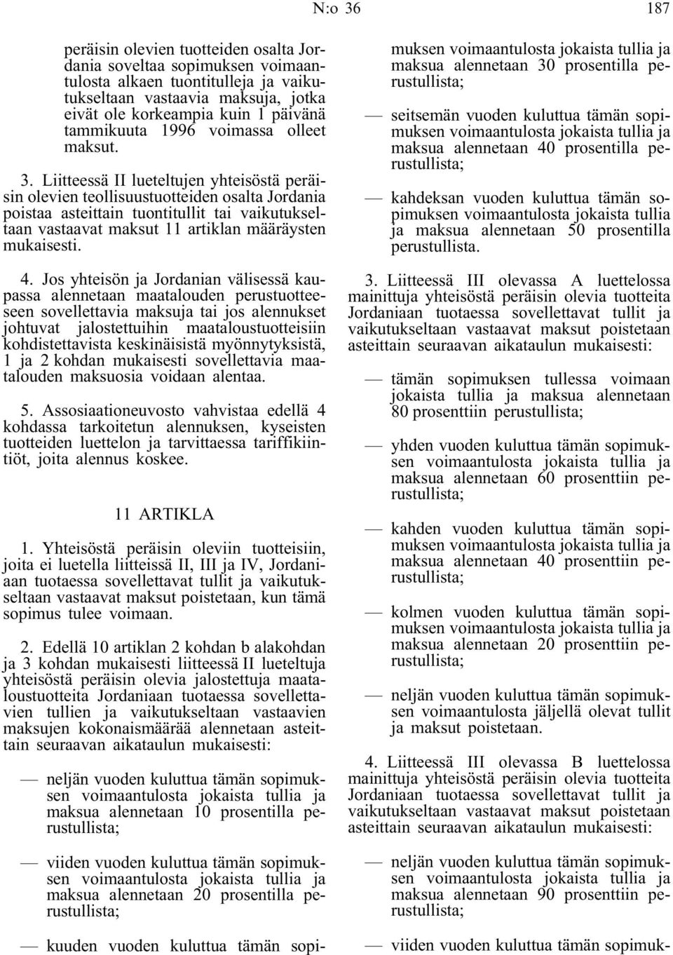 Liitteessä II lueteltujen yhteisöstä peräisin olevien teollisuustuotteiden osalta Jordania poistaa asteittain tuontitullit tai vaikutukseltaan vastaavat maksut 11 artiklan määräysten mukaisesti. 4.