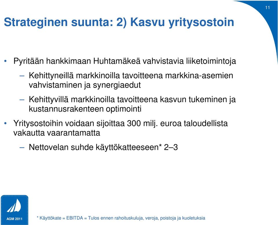 tukeminen ja kustannusrakenteen optimointi Yritysostoihin voidaan sijoittaa 300 milj.