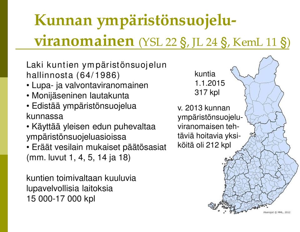 ympäristönsuojeluasioissa Eräät vesilain mukaiset päätösasiat (mm. luvut 1, 4, 5, 14 ja 18) kuntia 1.1.2015 317 kpl v.