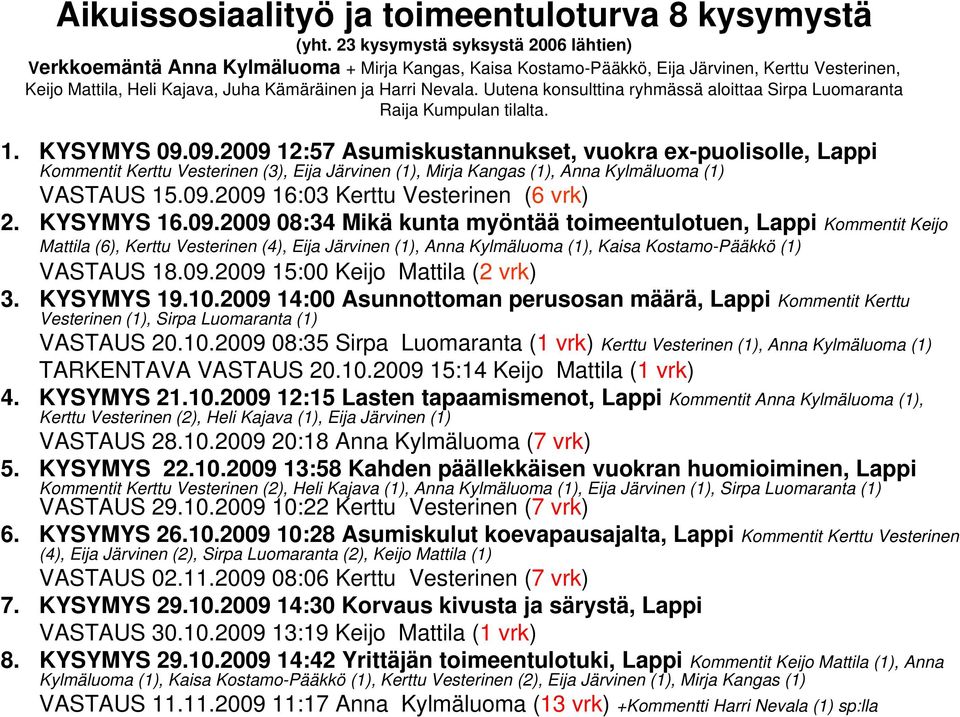 Uutena konsulttina ryhmässä aloittaa Sirpa Luomaranta Raija Kumpulan tilalta. 1. KYSYMYS 09.