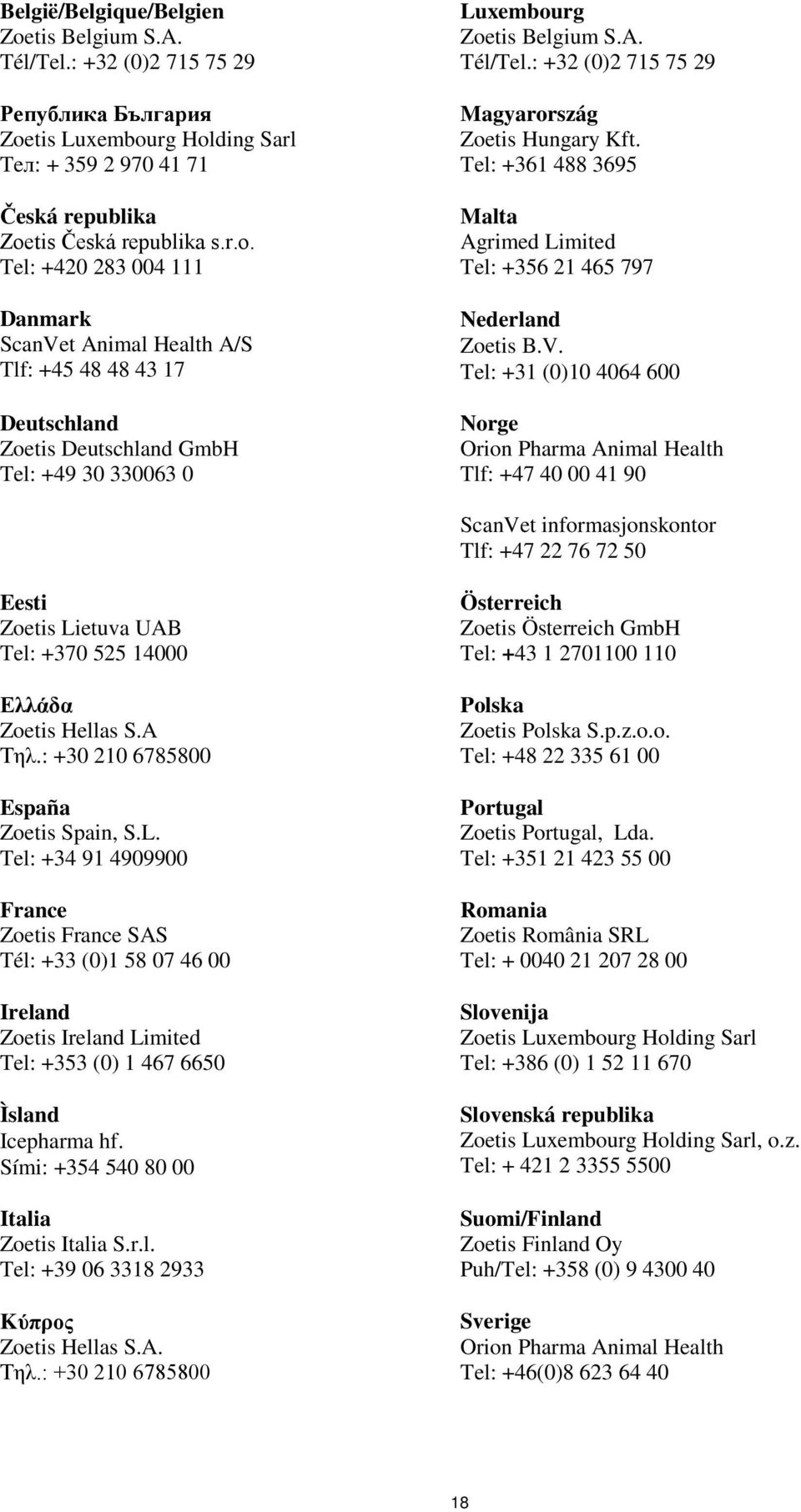 Tel: +31 (0)10 4064 600 Norge Orion Pharma Animal Health Tlf: +47 40 00 41 90 ScanVet informasjonskontor Tlf: +47 22 76 72 50 Eesti Zoetis Lietuva UAB Tel: +370 525 14000 Ελλάδα Zoetis Hellas S.A Τηλ.