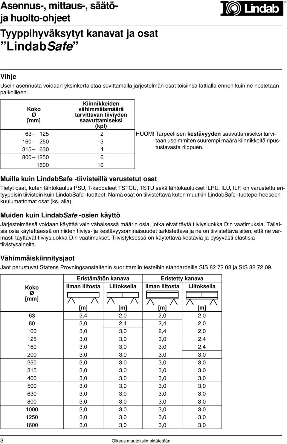 kuin LindabSafe -tuotteet. Nämä osat on tiivistettävä kuten muutkin LindabSafe -tuoteperheeseen kuulumattomat osat (ks. alla).