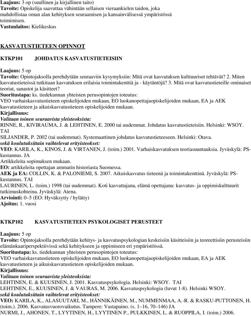 Vastuulaitos: Kielikeskus KASVATUSTIETEEN OPINNOT KTKP101 JOHDATUS KASVATUSTIETEISIIN Laajuus: 5 op Tavoite: Opintojaksolla perehdytään seuraaviin kysymyksiin: Mitä ovat kasvatuksen kulttuuriset