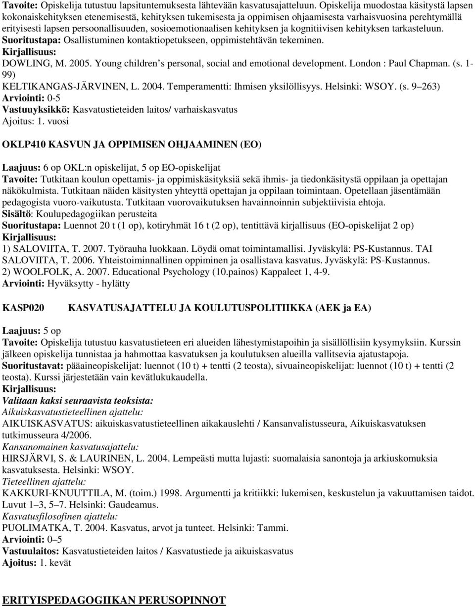 sosioemotionaalisen kehityksen ja kognitiivisen kehityksen tarkasteluun. Suoritustapa: Osallistuminen kontaktiopetukseen, oppimistehtävän tekeminen. DOWLING, M. 2005.